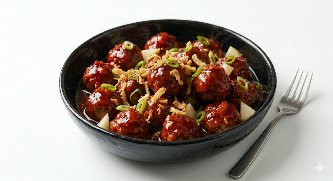 GINGER PEAR MEATBALLS IN STICKY BANANA SAUCE